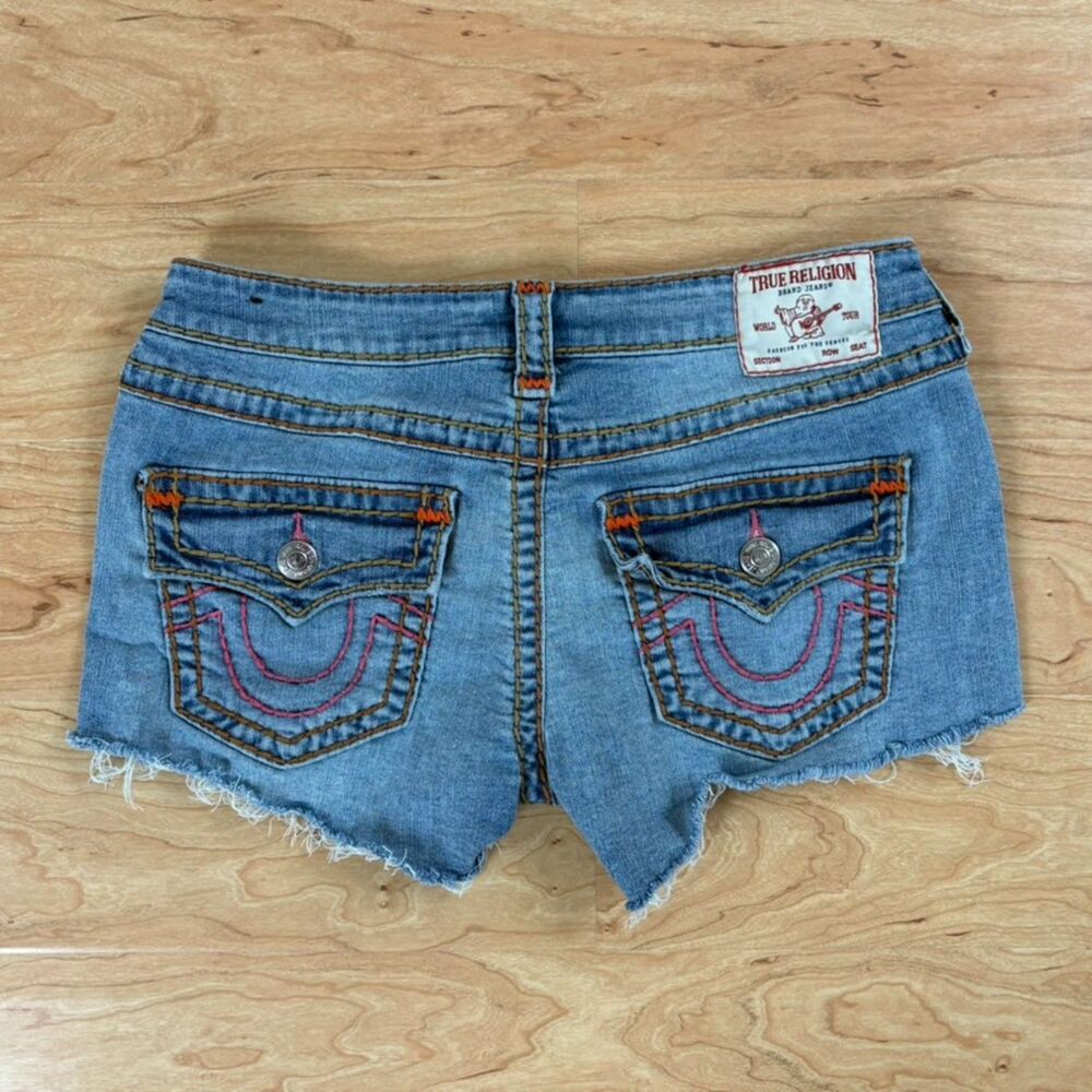 True Religion Joey Cut-Off Denim Shorts 28 Blue Low Rise Frayed Hem Stitching